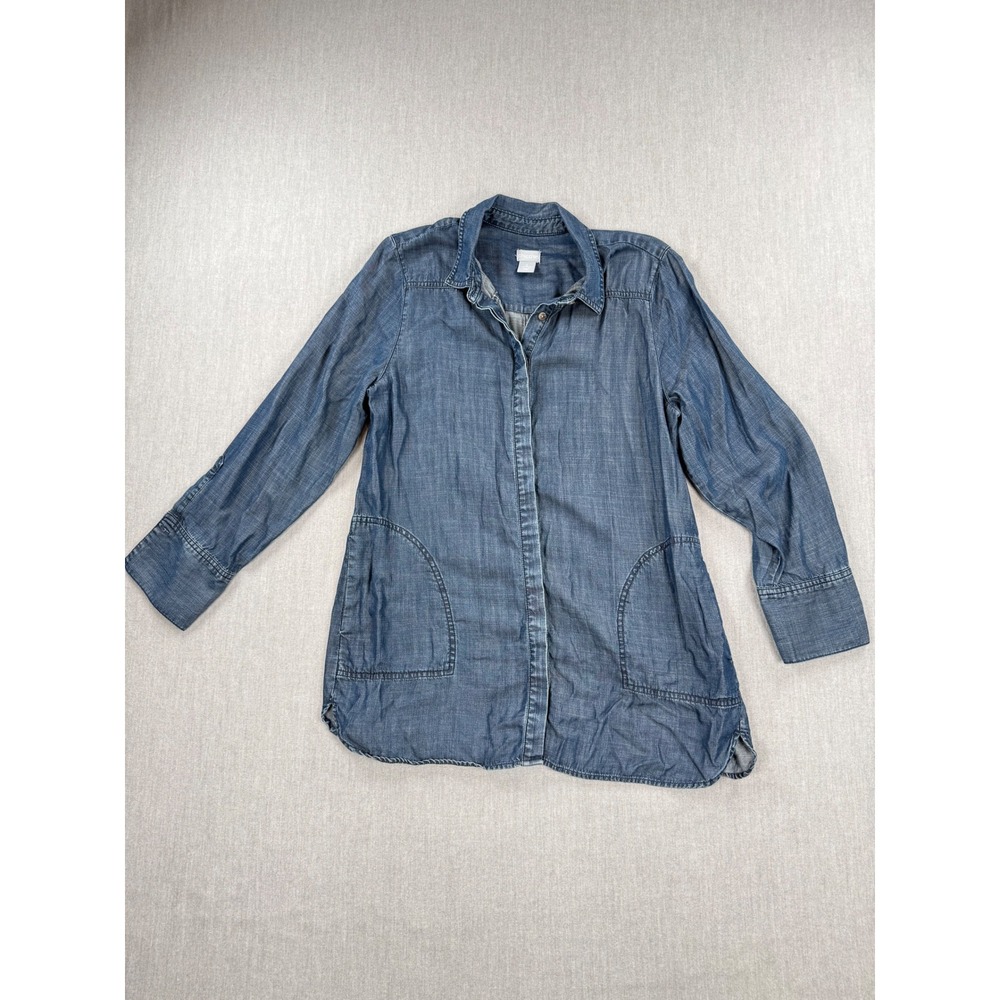 Chico's Blue Lyocell Chambray Button Down Tunic Shirt Size 2 US 12‎ Long Sleeve